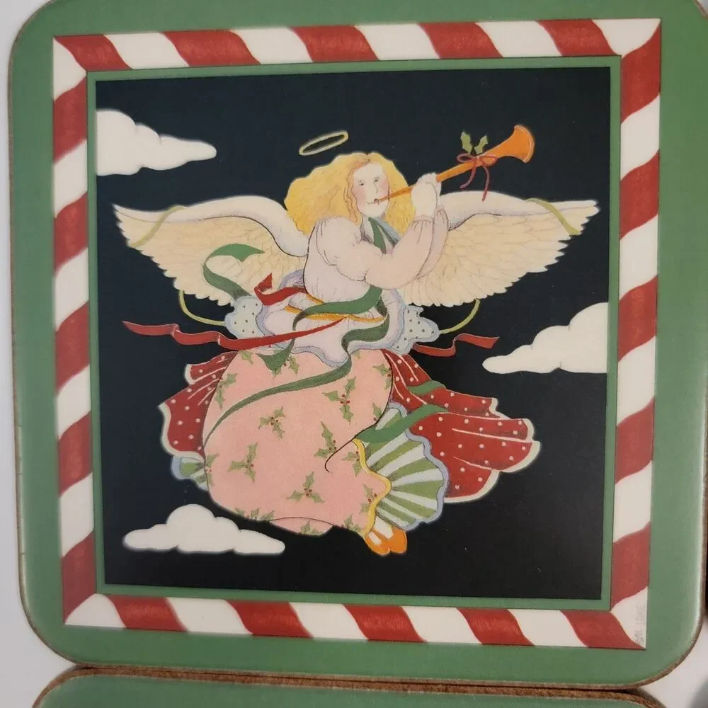 Pimpernel CANDY STICKS 6 Set Vintage Christmas Themed Cork Backed Wood Coasters